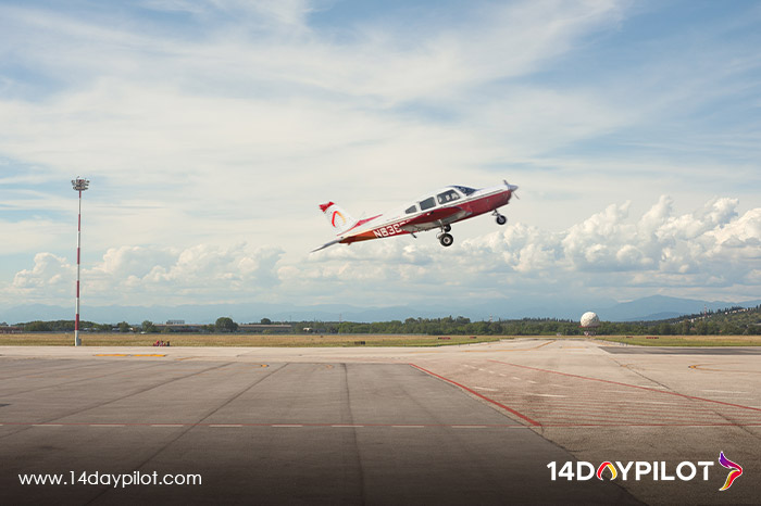 14DAYPILOT training aircraft lifting off the runway, demonstrating takeoff techniques for student pilots.