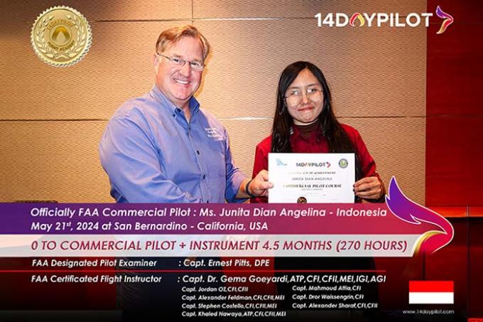 unita Dian Angelina, a 14DAYPILOT student, earned her Commercial Pilot License.