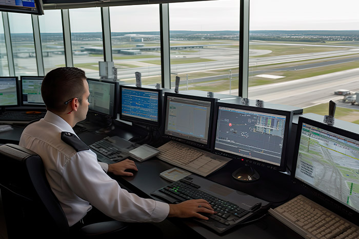 Air traffic controller observing aircraft movements from the control tower.
