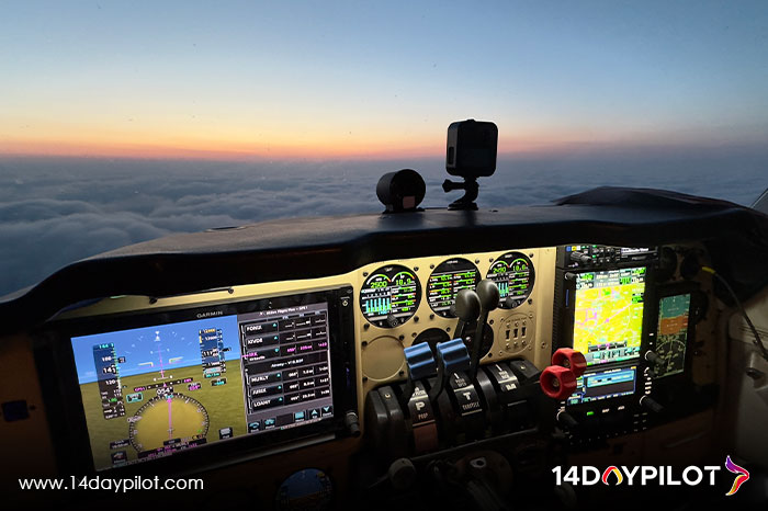 Capt. Gema piloting through sunset skies before diverting to Lubbock due to Midwest weather on route to Oshkosh